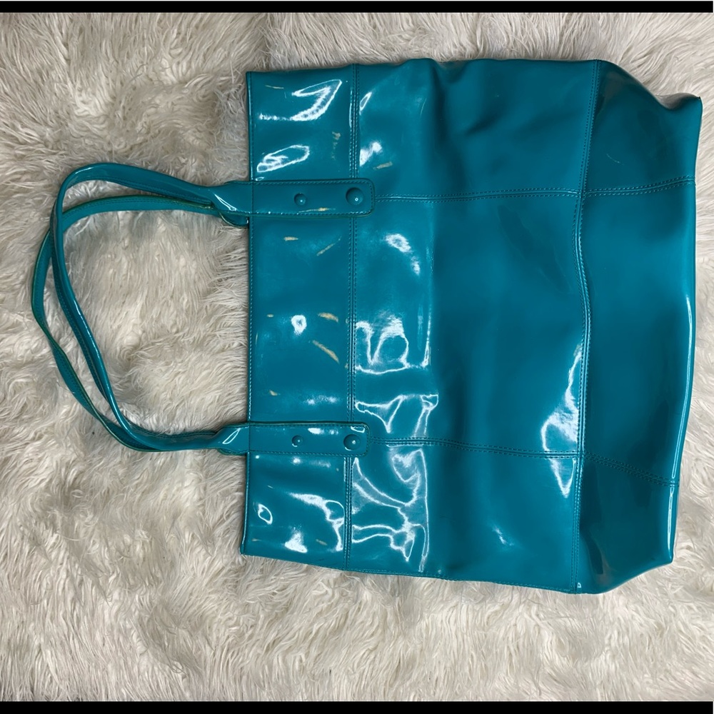 Teal patent leather tote